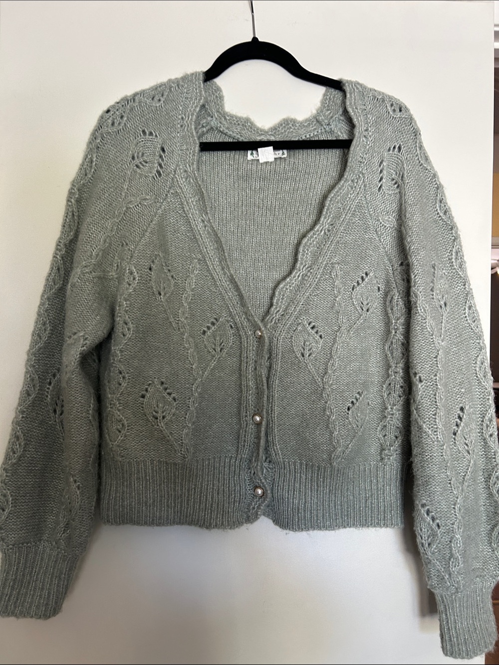 Love Riche Sage Green Scalloped V-Neck Knit Cardigan